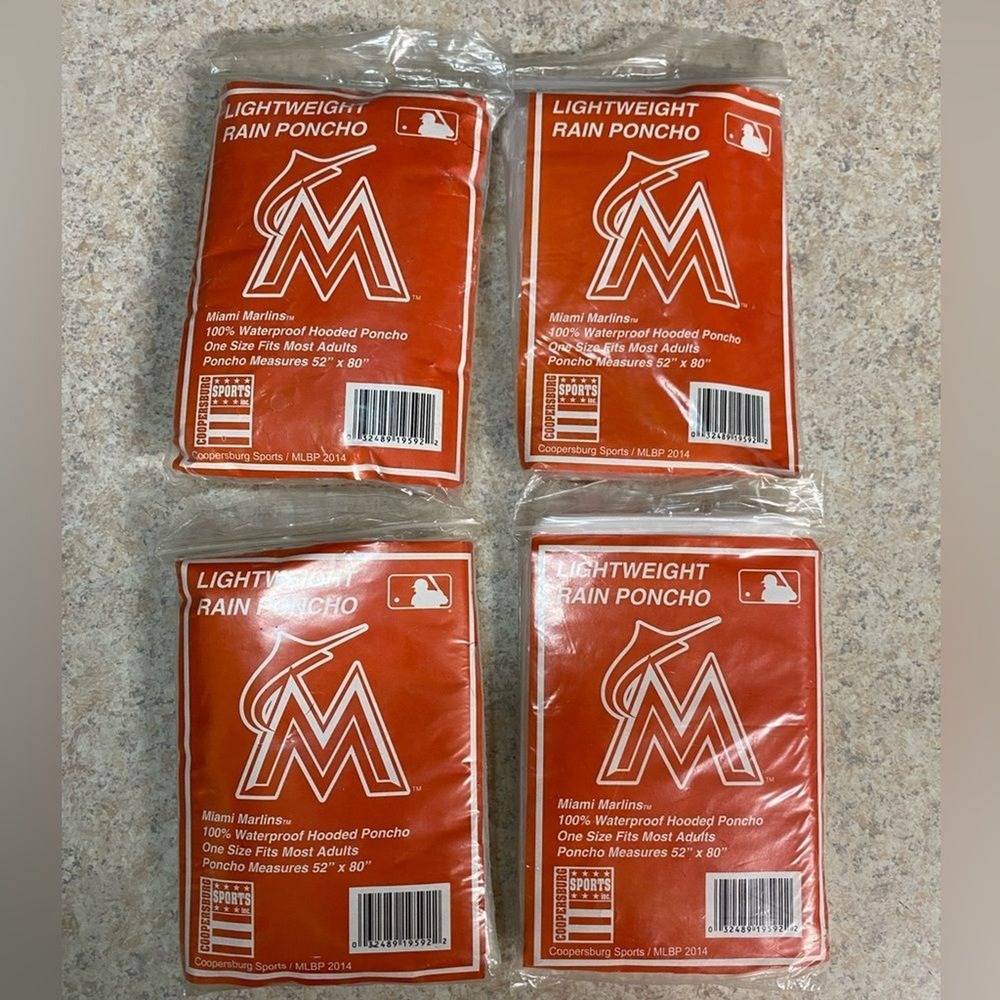 Miami Marlins Lightweight Rain Poncho Waterproof Hooded One Size Lot‎ of 4 MLB